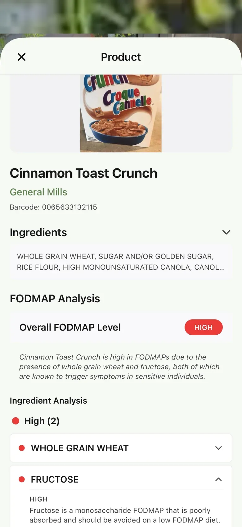 Belly Buddy product screen showing Cinnamon Toast Crunch rated high FODMAP, with the ingredient breakdown